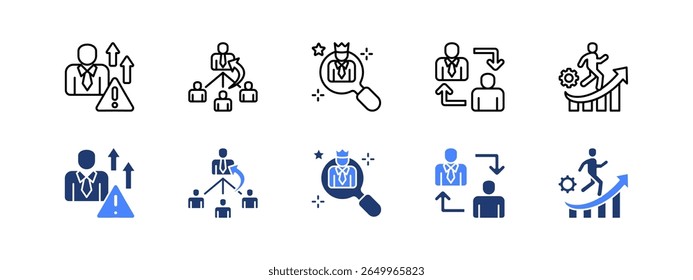 Conjunto de ícones de gerenciamento de sucessão. com Sucessão, Planejamento de sucessão, Sucesso, Liderança, Desenvolvimento de liderança. conjunto de ícones de traçado editável.	