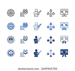 Succession management icon sheet multiple style collection. Continuity, Workforce, Positions, Organization chart, Board. editable stroke icon set.