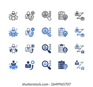 Succession management icon sheet multiple style collection. Talent, High potential, Competency, Development plan, Career path.