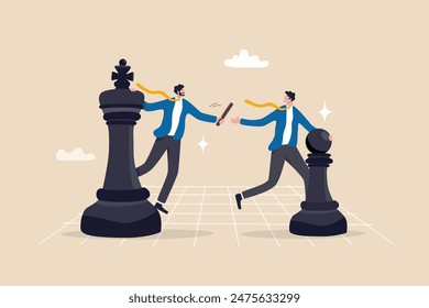 Succession planning, baton pass or relay responsibility, authority to employee, work delegation, support, appointment or mentorship concept, businessman boss on king chess baton pass to his successor.