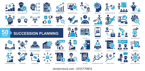 succession planning icon collection glyph color Style, talent identification, skill assessment, evaluation, career pathing, monitoring program, job rotation, high potential, 