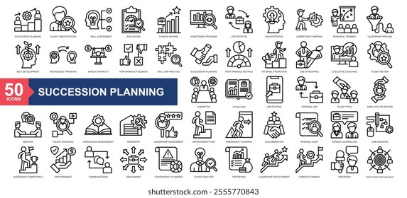 succession planning icon collection Line Style, talent identification, skill assessment, evaluation, career pathing, monitoring program, job rotation, high potential, 