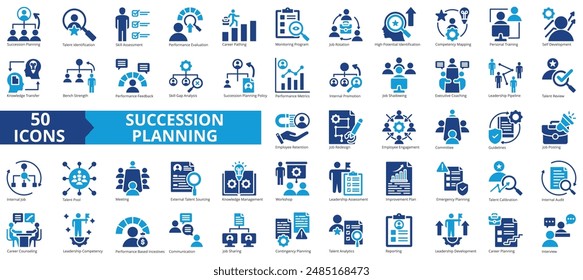 Succession planning icon collection set. Containing talent identification, skill assessment, performance evaluation, career path, job rotation, competence icon. Simple flat vector illustration.