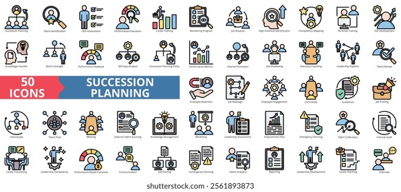 Succession planning icon collection set. Containing talent identification, skill assessment, performance evaluation, career path, job rotation, competence icon. Simple flat outline color illustration