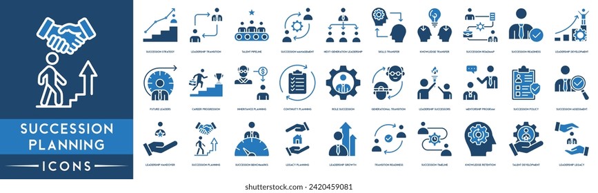 Symbol für Nachfolgeplanung gesetzt. Einschließlich der Symbole wie Nachfolgsstrategie, Leadership Transition, Talent Pipeline und Nachlassmanagement