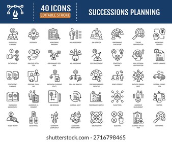 Conjunto de iconos de planificación de sucesión. Incluye talento
Identificación, evaluación de competencias, rendimiento
evaluación, trayectoria profesional, rotación laboral y más.
Ilustración vectorial con trazos editables