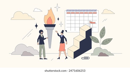 Succession planning for work achievement tiny person neubrutalism concept. Business goals, personal ambitions and professional targets vector illustration. Receiving job project for continuity.