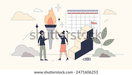 Succession planning for work achievement tiny person neubrutalism concept. Business goals, personal ambitions and professional targets vector illustration. Receiving job project for continuity.