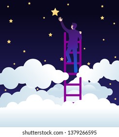 Success/motivation concept, man reaching out to grab a star on a midnight sky, standing on a ladder above the clouds, vector illustration