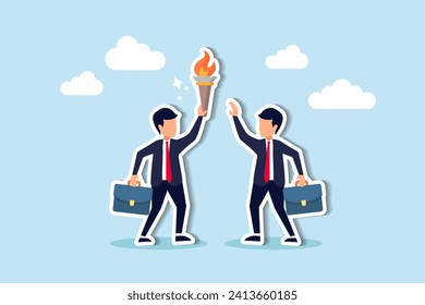 Successor plan, baton pass or transfer to new chosen leader, change new CEO or collaboration to achieve goal and win business competition concept, smart businessman leader passing torch to successor.