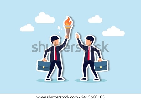 Successor plan, baton pass or transfer to new chosen leader, change new CEO or collaboration to achieve goal and win business competition concept, smart businessman leader passing torch to successor.