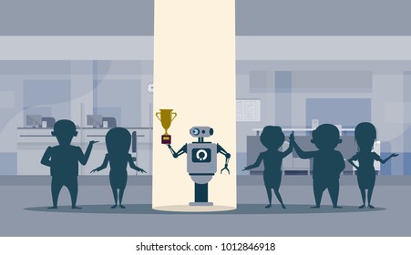 Successul Robot Standing In Spot Light Holding Golden Cup Winner Artificial Intelligence Concept Flat Vector Illustration