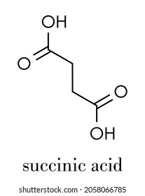 Acido succínico (ácido butanodioico, espíritu de ámbar) molécula. Intermedio del ciclo ácido cítrico. Sal y ésteres conocidos como succinatos. Fórmula esquelética.