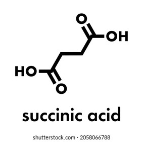 Acido succínico (ácido butanodioico, espíritu de ámbar) molécula. Intermedio del ciclo ácido cítrico. Sal y ésteres conocidos como succinatos. Fórmula esquelética.