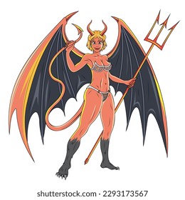 Succubus girl. Vector illustration of a devil girl with huge wings and pitchfork. Devil demon