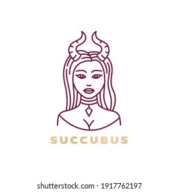 Succubus logo design, demon girl, enchantress, woman with horns, line art