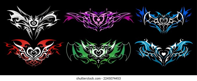 Succubus womb tattoo  Demon heart sigil and wings   crosses in Triball style  Vector set tattoos