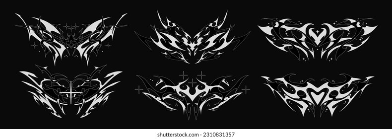 Sucubus tatuaje del vientre Y2K. Vigilia con cruces al estilo neo-tribal del corazón del demonio. Juego de vectores de tatuajes