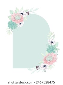 Succulent and Anemone Floral Arch Background, Watercolor Floral Arch Background