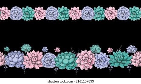 Succulent bouquets. Horizontal seamless. Hand drawn vector illustration. Floral bouquets with succulents border. Illustration for fabric, greeting cards, wedding invites and other uses.