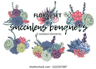 Succulent bouquets. Isolated floral elements on white background. Cactus composition template. Vector hand drawn cartoon.
