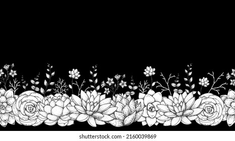 Succulent bouquets sketch, horizontal seamless. Hand drawn vector illustration. Floral bouquets with succulents border. Illustration for fabric, greeting cards, wedding invites and other uses.