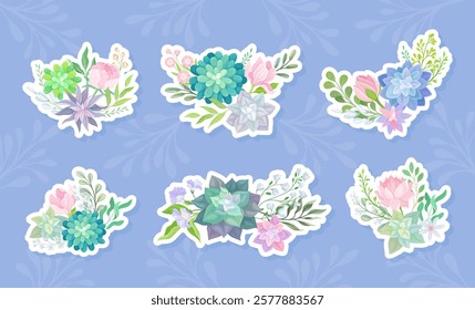 Succulent Bunch and Bouquet with Fleshy Green Plant and Flora Vector Set