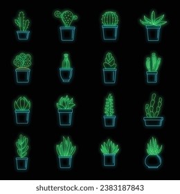 Succulent and cactus flowers plant floral icons set. Outline illustration of 16 succulent and cactus flowers plant floral vector icons neon color on black