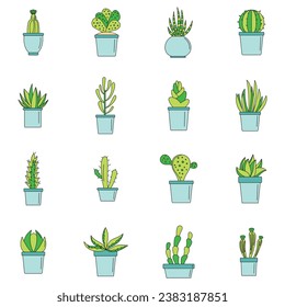 Succulent and cactus flowers plant floral icons set. Outline illustration of 16 succulent and cactus flowers plant floral vector icons thin line color flat on white