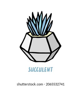 Cactus suculentos en una olla gris. El doodle dibujado a mano suculenta icono, logotipo. Hogares aislados en maceta de hormigón. Ilustración vectorial para afiche, pancarta.