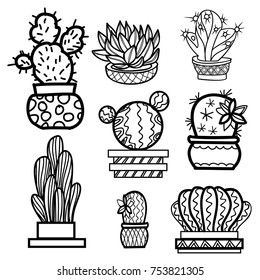 Succulent and cactus isolated. Set collection. Home plants pattern. Exotic, 

tropical. Vector artwork. Black and white, monochrome.