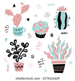 Succulent cactus isolated vector illustration. Cute pink blue black cactus, aloe clip art Scandinavian style decor elements.