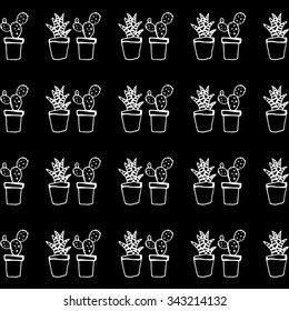 Succulent and cactus pattern. Doodle whimsical flowers in pots background. Vector