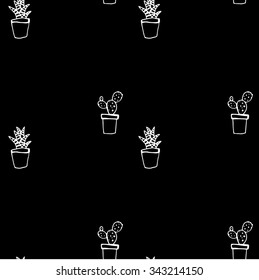 Succulent and cactus pattern. Doodle whimsical flowers in pots background. Vector