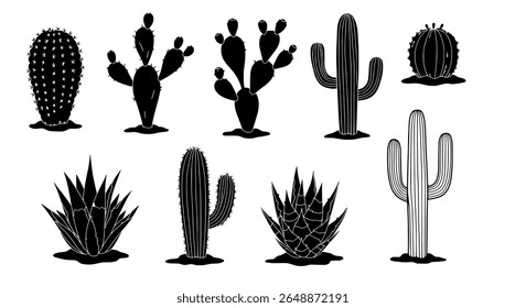 Succulent and Cactus Plant Collection in Simple Black Silhouettes for Nature-Themed Decor and Icon Design