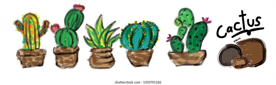 Succulent or cactus plant with vector illustration set. Cactus Collections Set.