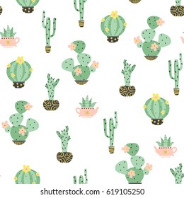 Succulent and cactus in pots seamless pattern. Hand drawn vector illustration in trendy cute cartoon style.
