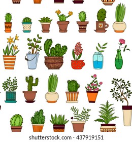 Succulent and cactus seamless pattern. Colorful doodle flowers in pots. Vector background