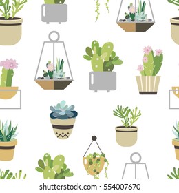 Succulent and cactus seamless pattern. Flat style background.