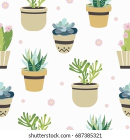 Succulent and cactus seamless pattern. Flat style background. Colorful vector illustration.