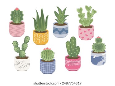 Suculentos cactus. Cactus suculento en olla, estilo plano de dibujos animados. Conjunto de cactus aislado para pegatinas, tarjetas de felicitación.
