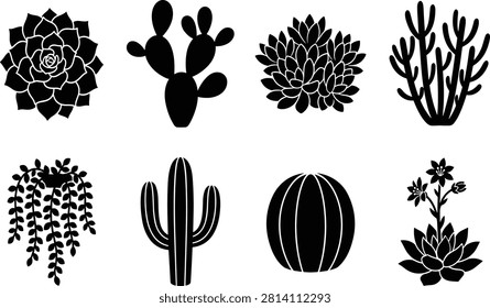 Succulent and cactus vector silhouettes set featuring diverse desert plants echeveria agave and indoor houseplants isolated on white background