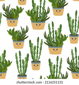 Succulent cactuses in flowerpots vector seamless pattern. Green interior succulent plants, house flowers in kawaii flowerpots. Stylish cactuses wallpaper, cartton vector illustration. Childish design.