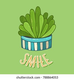Succulent card template. Succulent plant in flower pot on green background. Vector cartoon illustration and hand-written lettering "Smile". Good for greeting cards, posters, invitations, etc. 