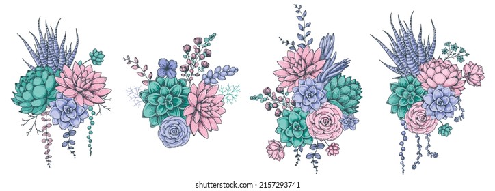 Succulent composition collection. Hand drawn vector illustration. Floral sketch. Tattoo print. Illustration for t-shirt print, fabric,greeting cards, wedding invites and other uses.