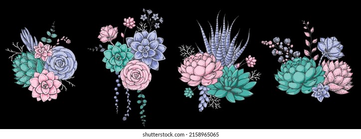 Succulent composition collection. Hand drawn vector illustration. Floral sketch. Tattoo print. Illustration for t-shirt print, fabric,greeting cards, wedding invites and other uses.