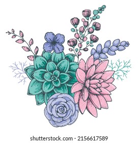 Succulent composition. Hand drawn vector illustration. Floral bouquet. Tattoo vintage print. Illustration for t-shirt print, fabric,greeting cards, wedding invites and other uses.