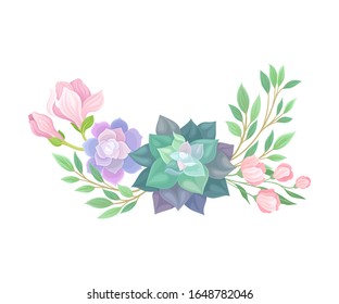 Succulent Echeveria Floral Arrangement Vector Illustration. Natural Cactus Bouquet