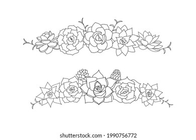 Enfoque de vector de esquivado de la esquiva. Ilustración de flores del desierto dibujada a mano en estilo doodle. Establecer plantas con contorno negro. La silueta suculenta sobre el fondo blanco. Sucultores de borde para impresión