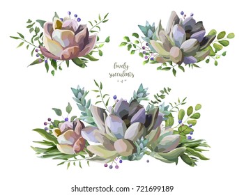 Succulent flower plant watercolor hand drawn beautiful bouquet set. Vector elegant art: greenery fern vine green leaves berry design elements illustration. Lovely editable echeveria cactus composition